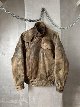 Vintage oversized real leather funnel neck bomber jacket washed brown