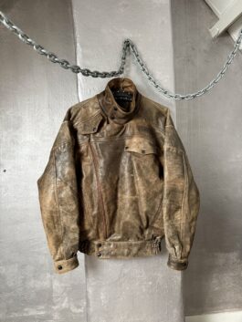 Vintage oversized real leather funnel neck bomber jacket washed brown