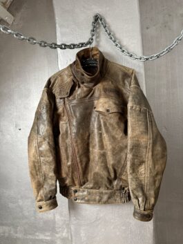 Vintage oversized real leather funnel neck bomber jacket washed brown