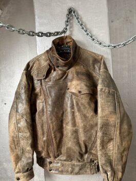 Vintage oversized real leather funnel neck bomber jacket washed brown