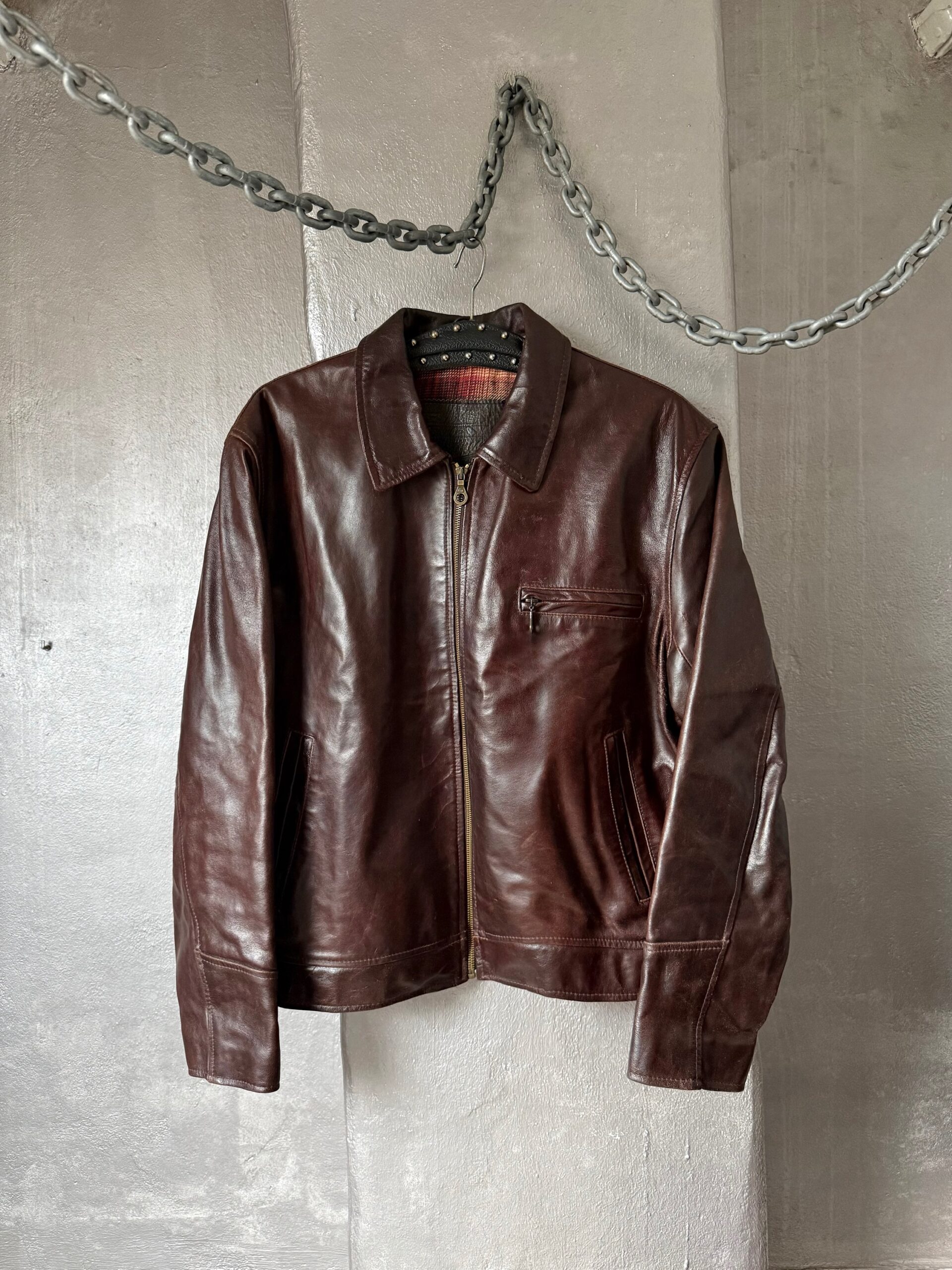 Vintage oversized real leather racing jacket brown