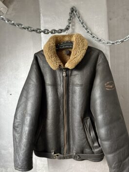Vintage Pall Mall oversized real leather aviator shearling coat dark brown