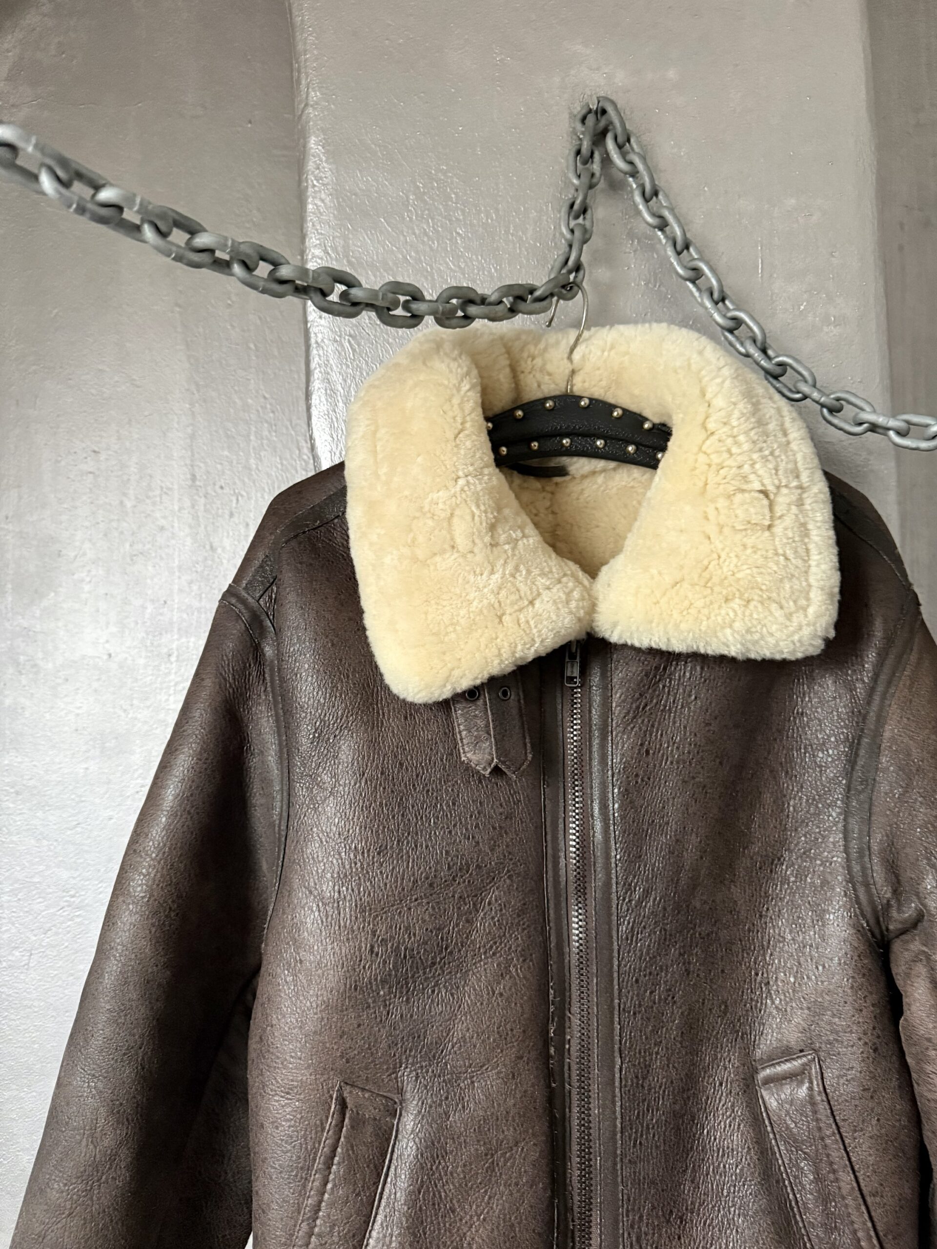 Vintage oversized real leather aviator shearling coat brown - Image 6