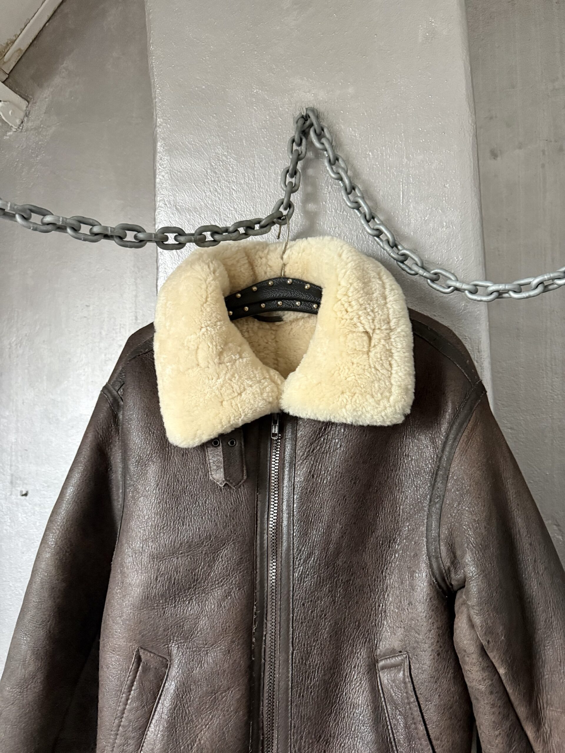 Vintage oversized real leather aviator shearling coat brown - Image 7