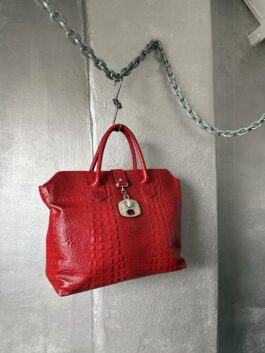 Vintage real leather large handbag with crocodile skin red
