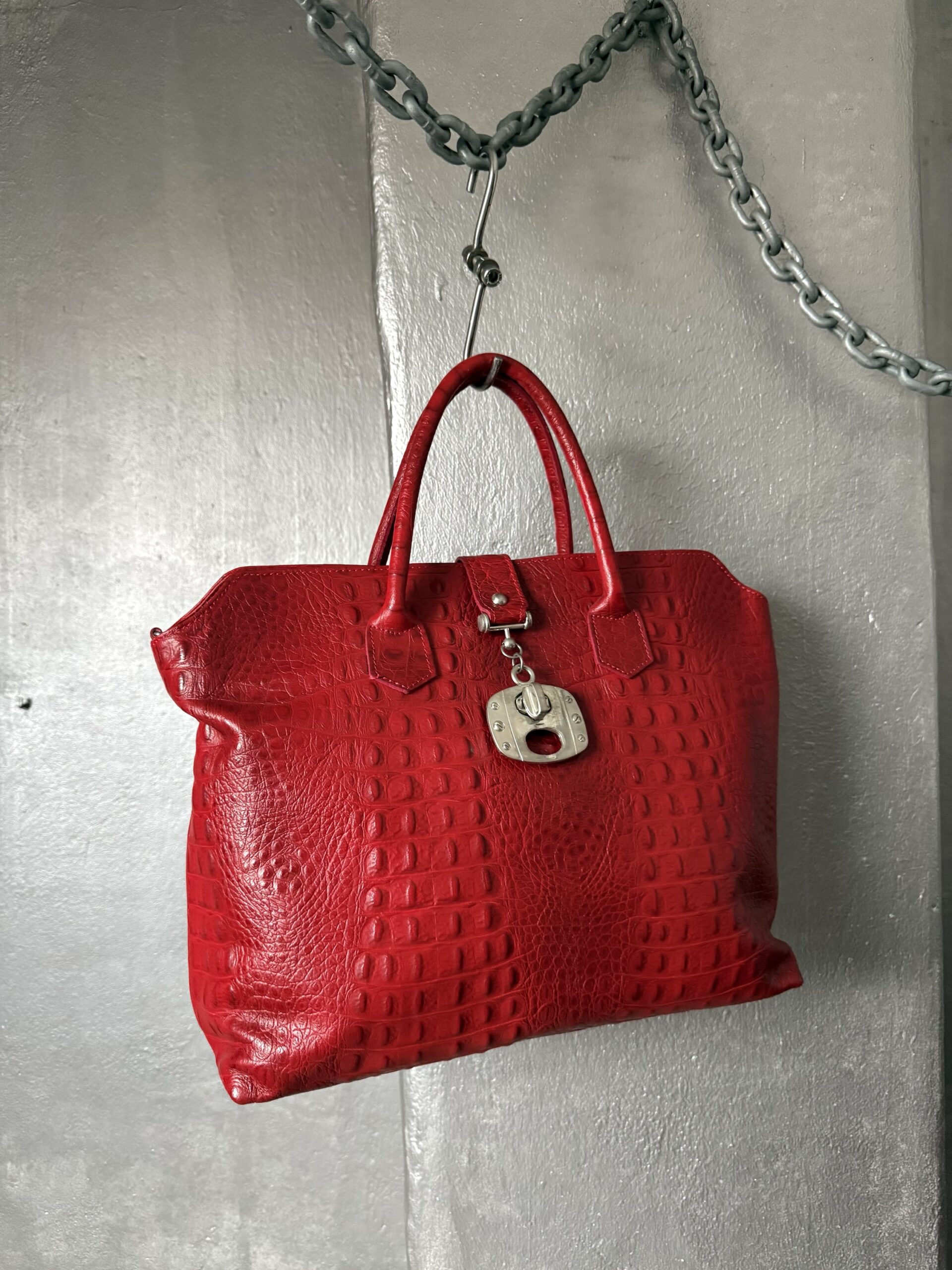 Vintage real leather large handbag with crocodile skin red - Image 5