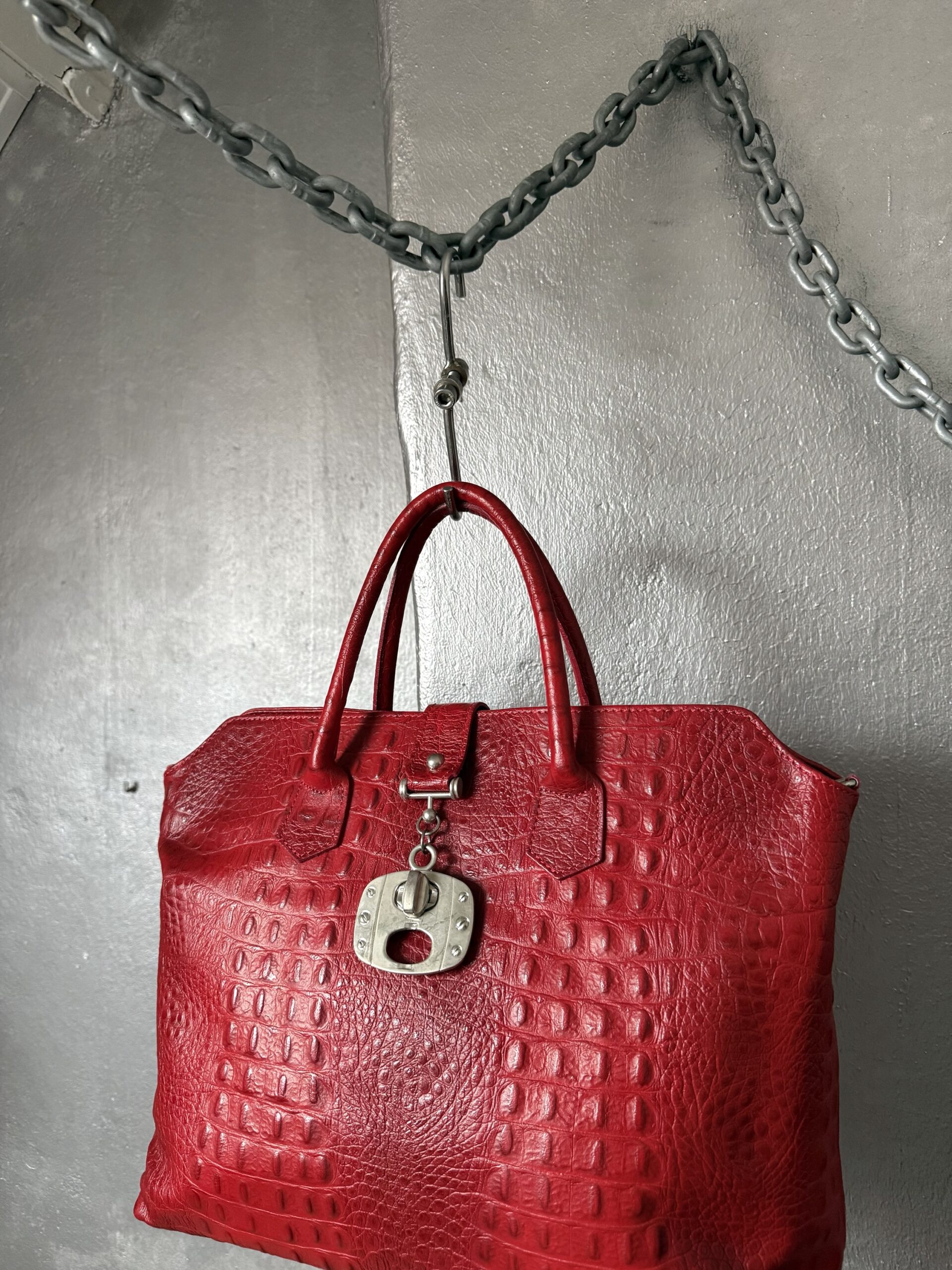 Vintage real leather large handbag with crocodile skin red - Image 8