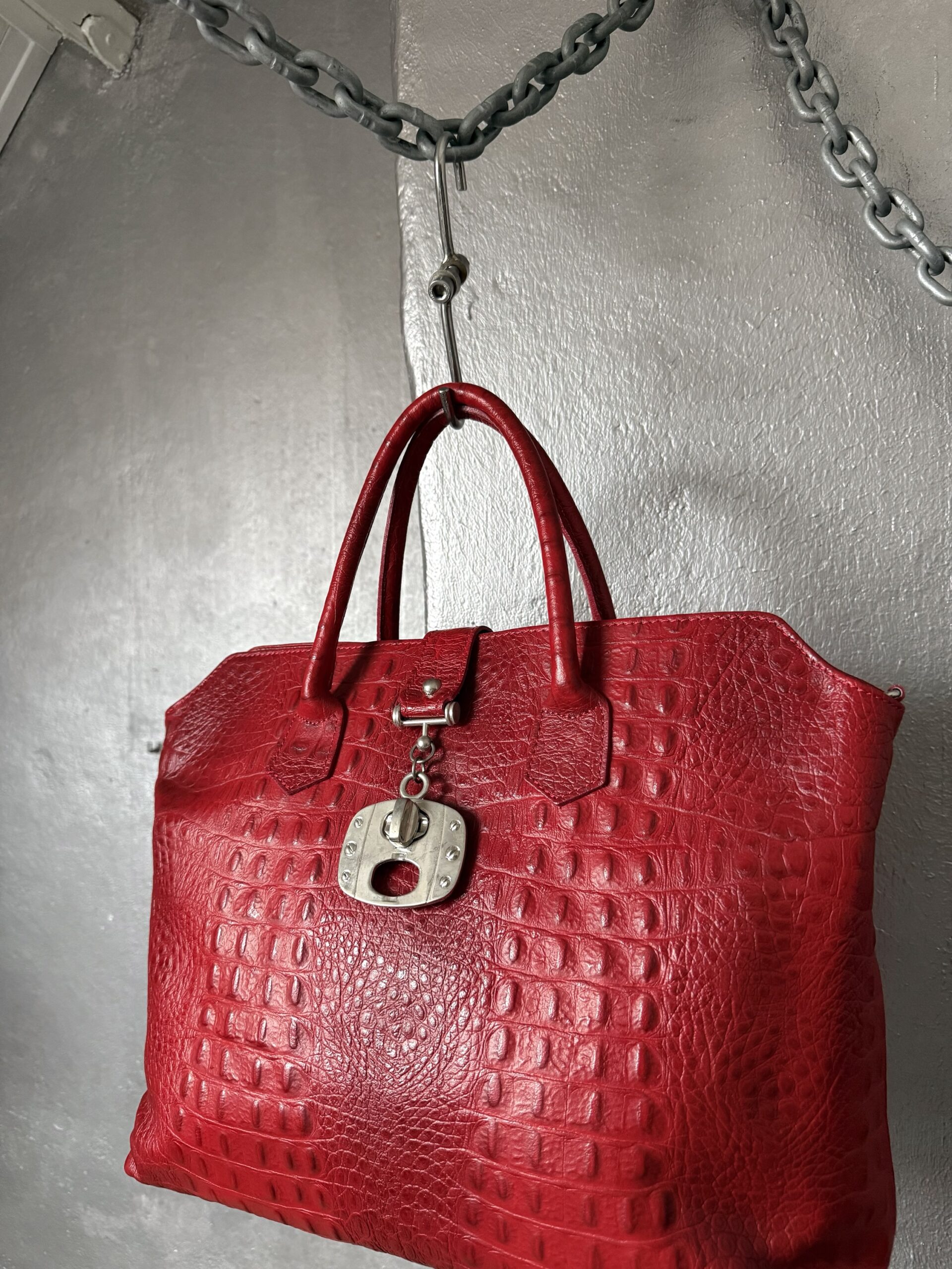 Vintage real leather large handbag with crocodile skin red - Image 9