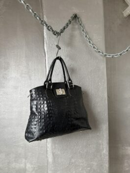 Vintage real leather handbag with crocodile skin black