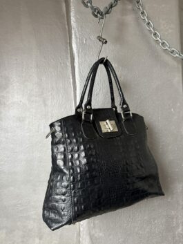 Vintage real leather handbag with crocodile skin black