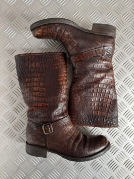 Vintage genuine leather biker boots with crocodile skin brown