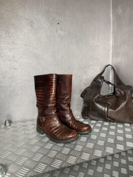 Vintage genuine leather biker boots with crocodile skin brown