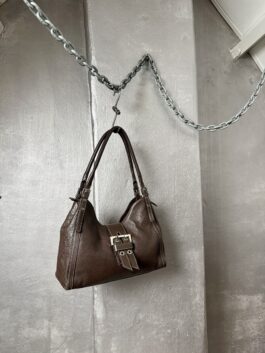 Vintage real leather shoulderbag with buckle straps brown