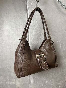 Vintage real leather shoulderbag with buckle straps brown