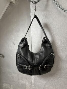 Vintage real leather shoulderbag with silver hardware black
