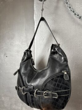 Vintage real leather shoulderbag with silver hardware black