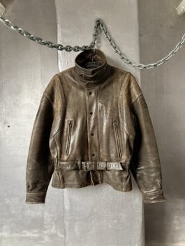 Vintage oversized real leather funnel neck bomber jacket washed brown