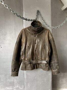 Vintage oversized real leather funnel neck bomber jacket washed brown