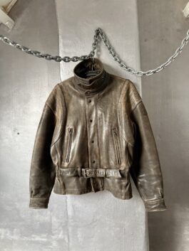 Vintage oversized real leather funnel neck bomber jacket washed brown