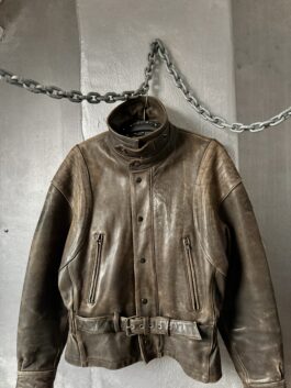 Vintage oversized real leather funnel neck bomber jacket washed brown