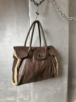 Vintage real leather large slouchy shoulderbag brown