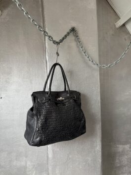 Vintage real leather woven shoulderbag with silver hardware black