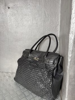 Vintage real leather woven shoulderbag with silver hardware black