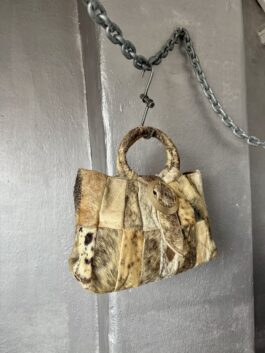 Vintage real leather handbag with cowhide beige brown