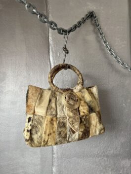 Vintage real leather handbag with cowhide beige brown