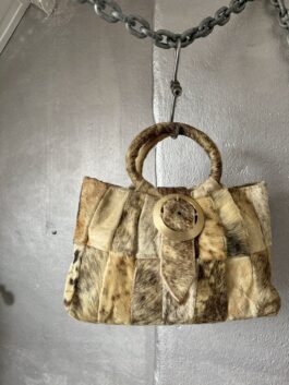Vintage real leather handbag with cowhide beige brown