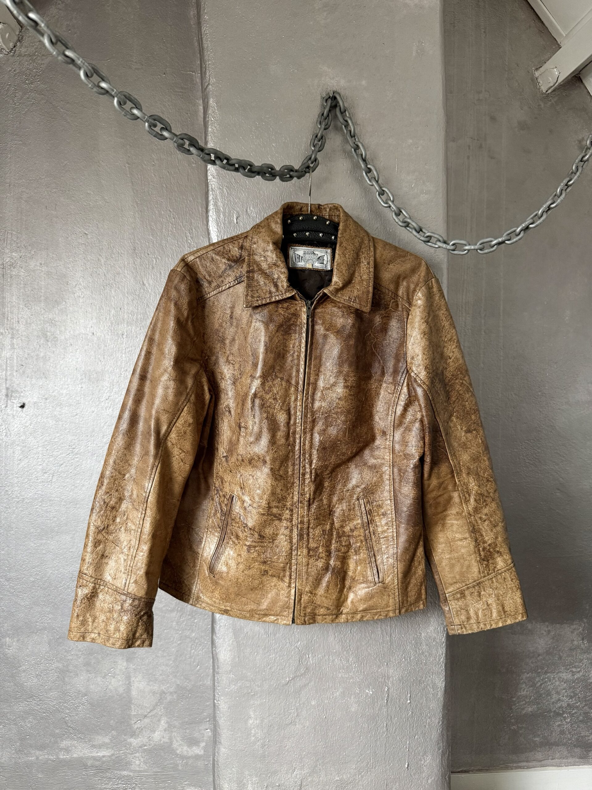 Vintage real leather racing jacket washed brown - Image 2