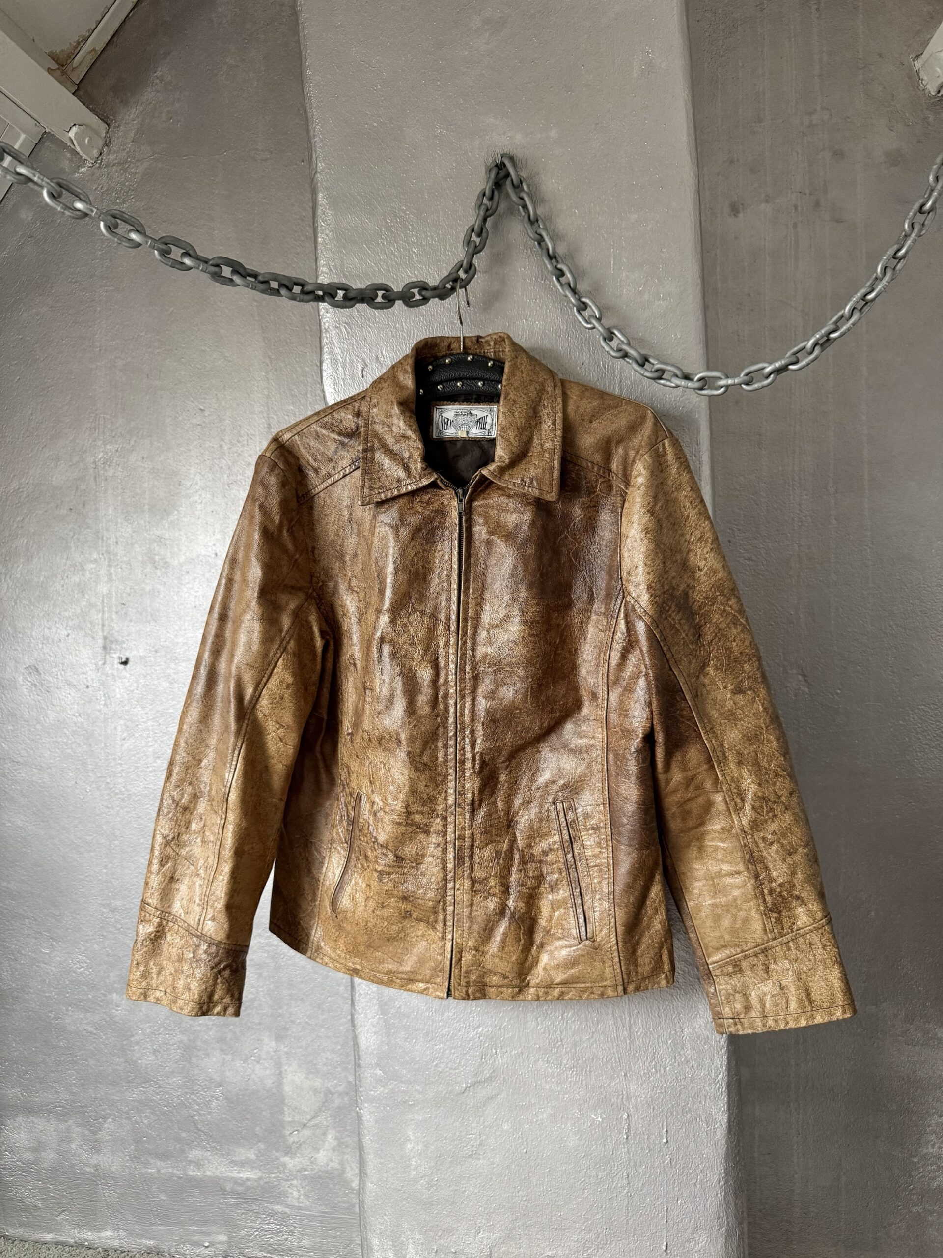 Vintage real leather racing jacket washed brown - Image 3