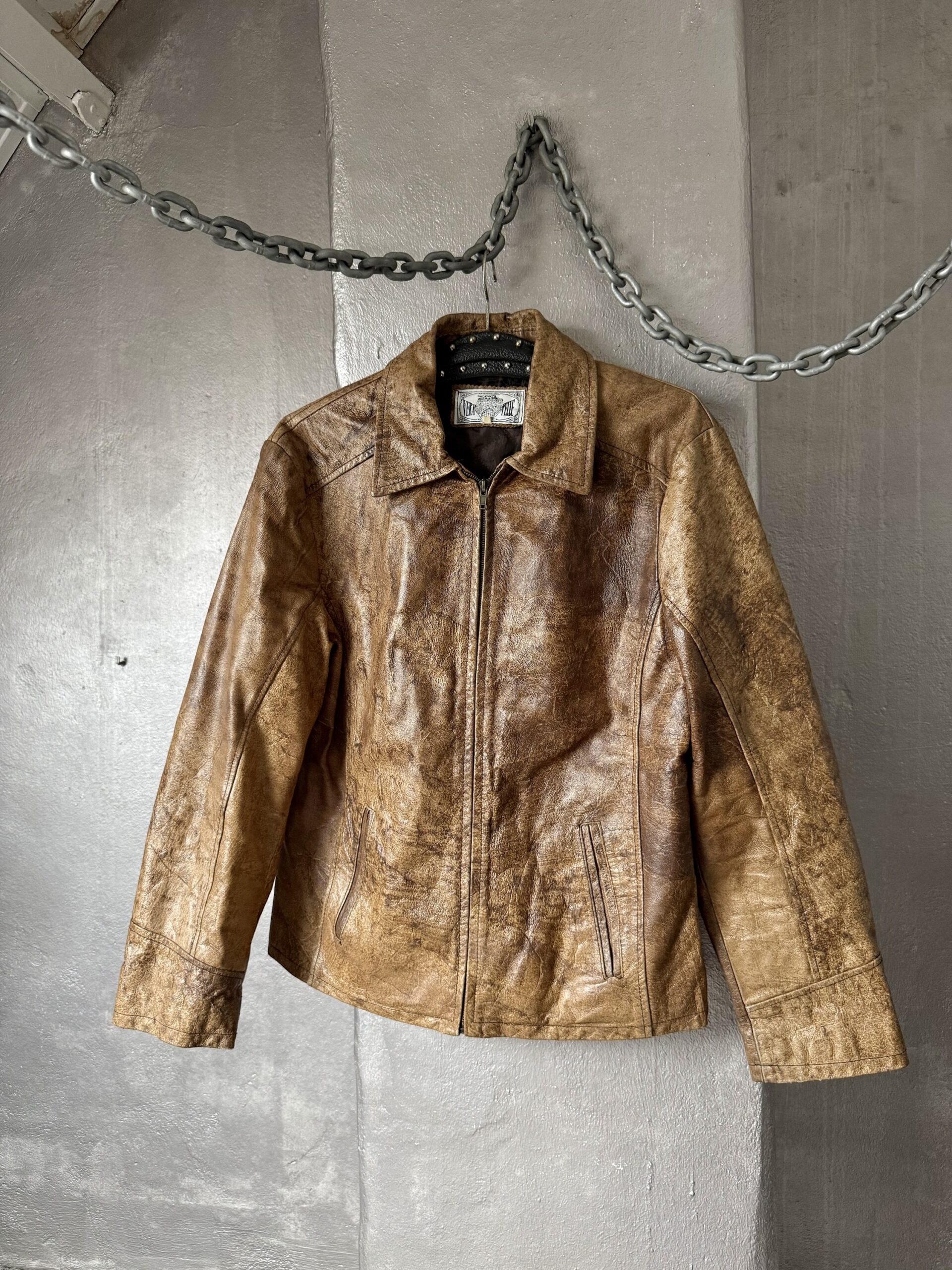 Vintage real leather racing jacket washed brown - Image 4