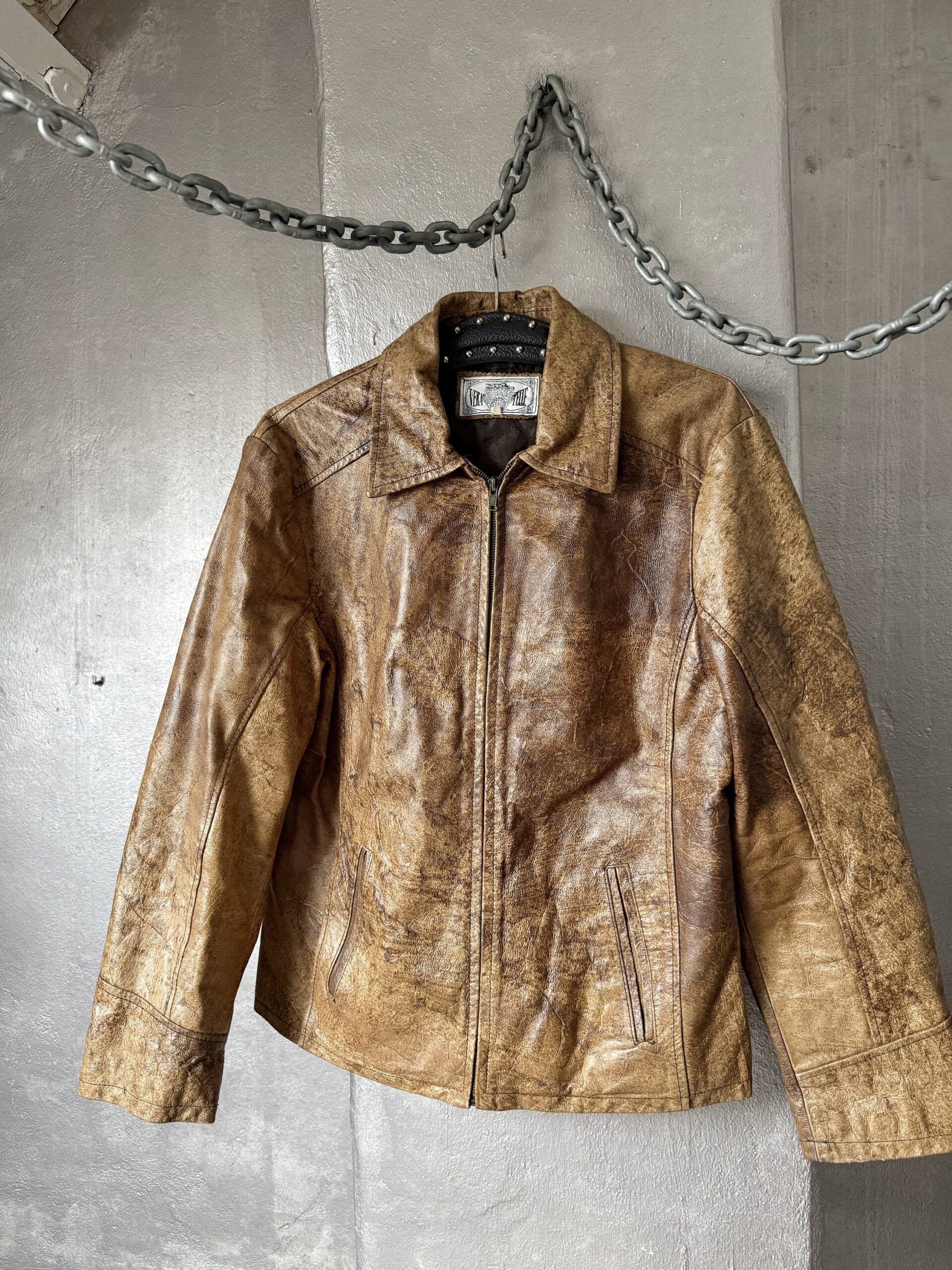 Vintage real leather racing jacket washed brown - Image 5