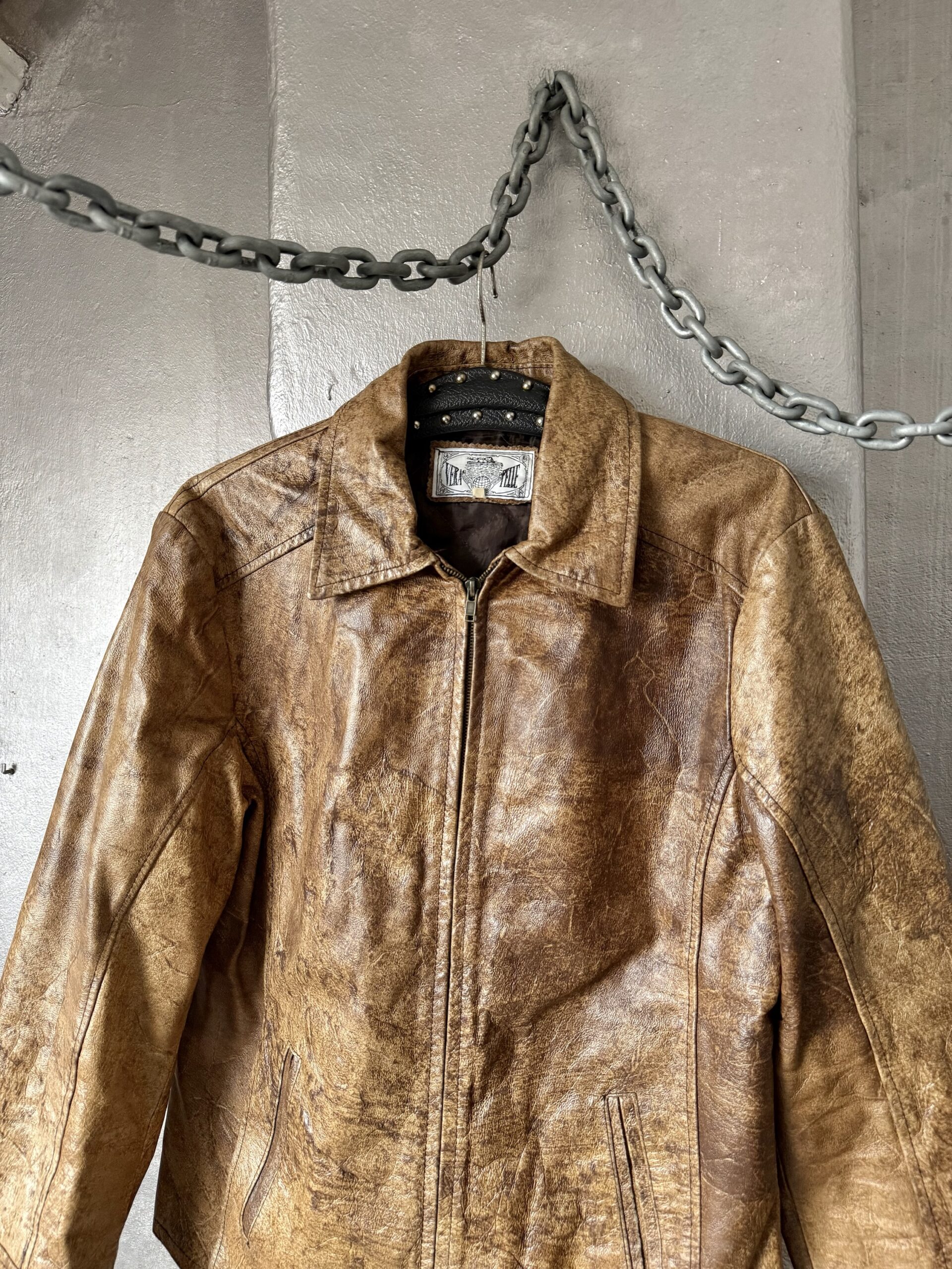 Vintage real leather racing jacket washed brown - Image 7