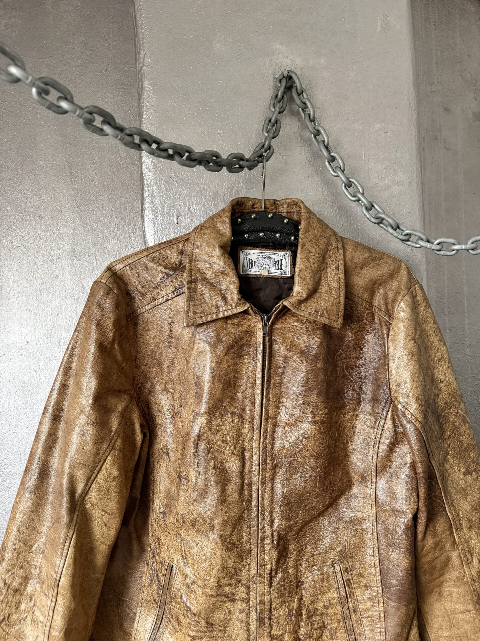 Vintage real leather racing jacket washed brown - Image 8
