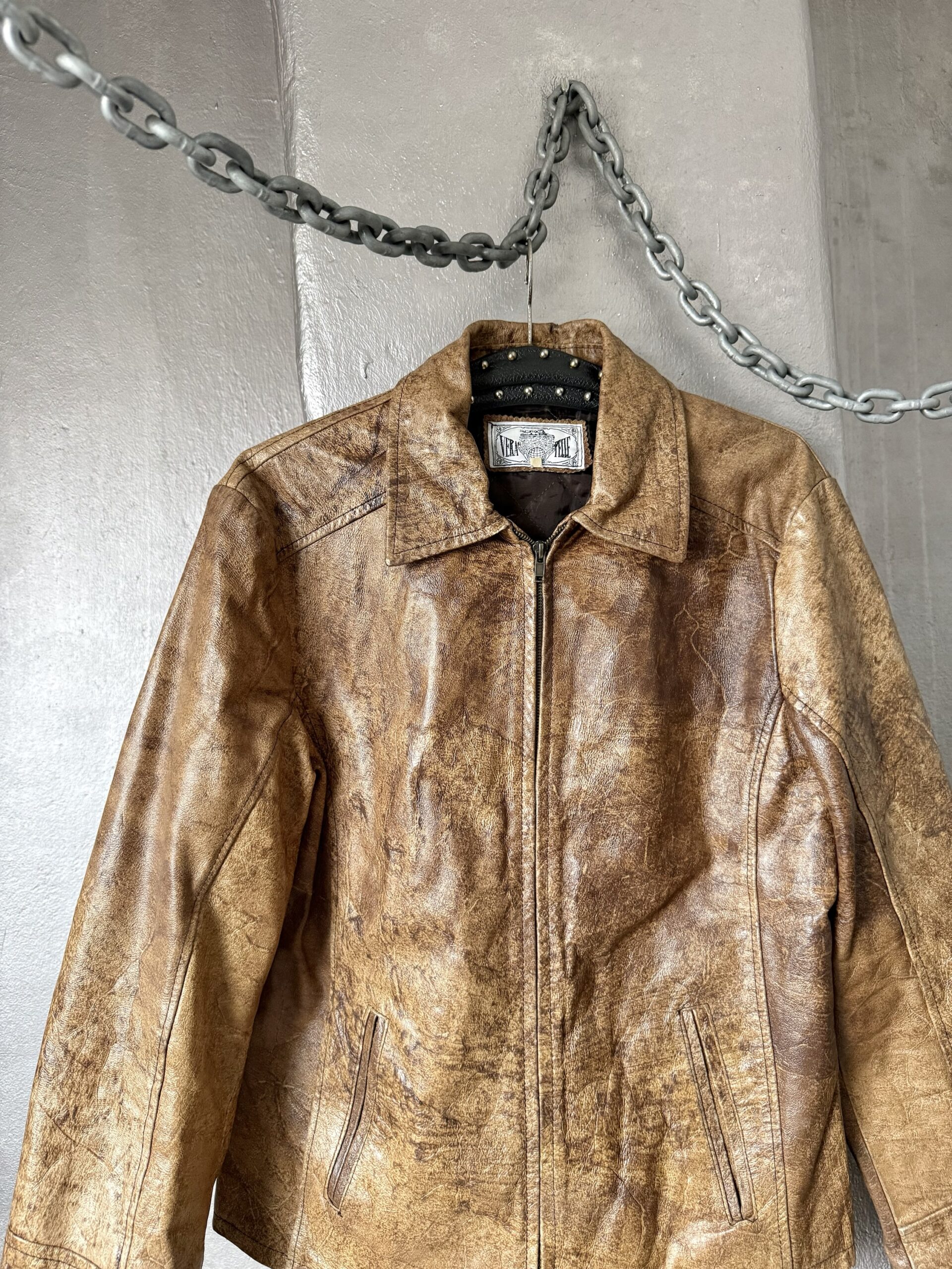 Vintage real leather racing jacket washed brown - Image 9