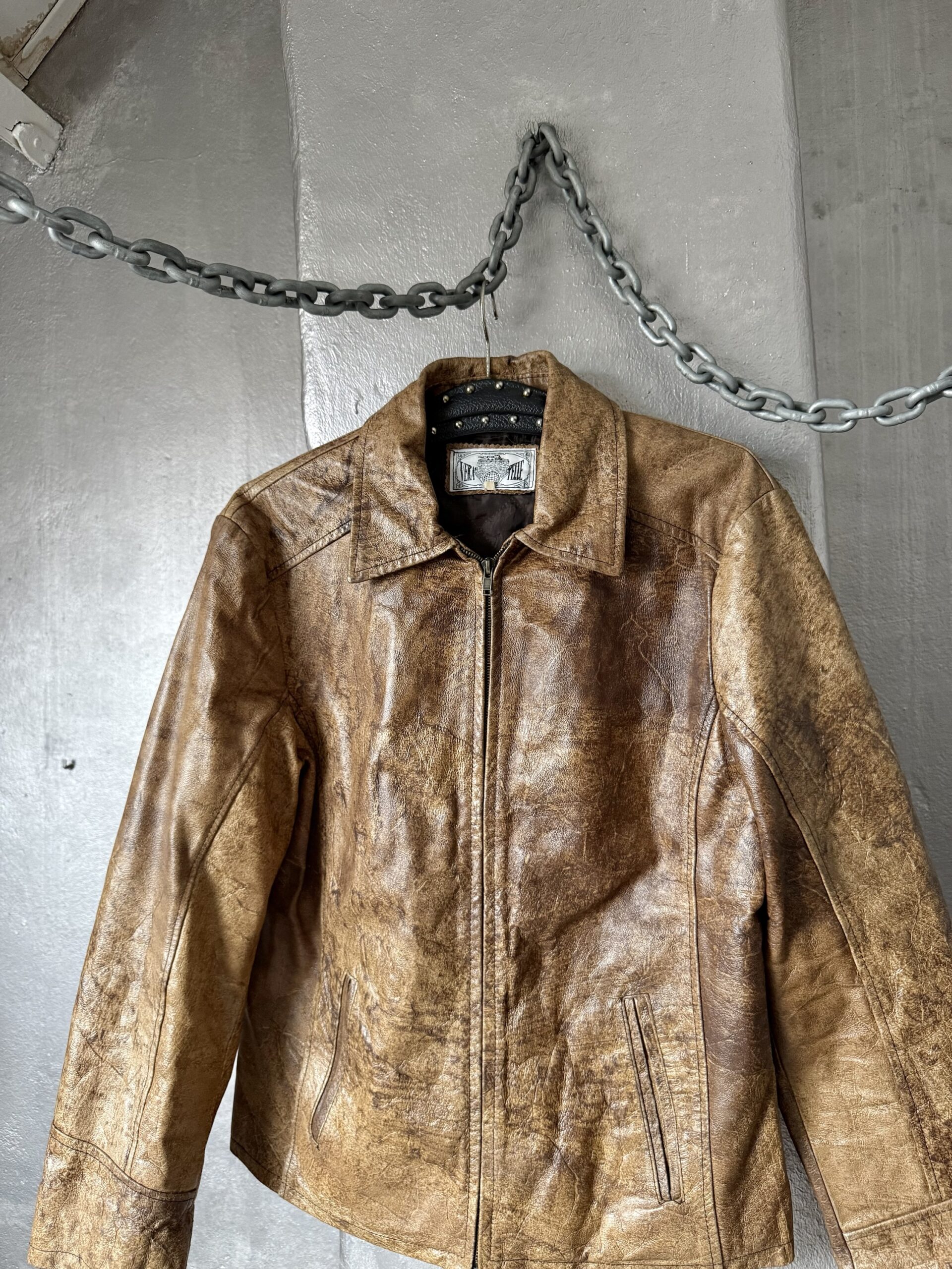 Vintage real leather racing jacket washed brown - Image 11