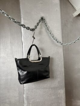 Vintage real leather handbag with silver hardware black