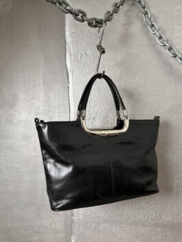Vintage real leather handbag with silver hardware black