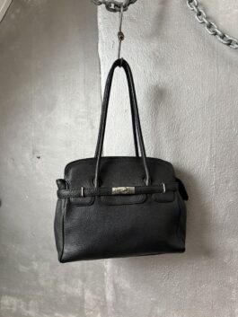 Vintage real leather shoulderbag with silver hardware black
