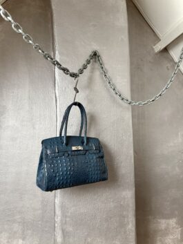 Vintage real leather handbag with crocodile skin blue