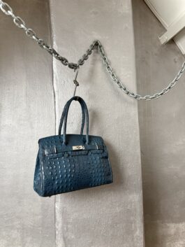 Vintage real leather handbag with crocodile skin blue