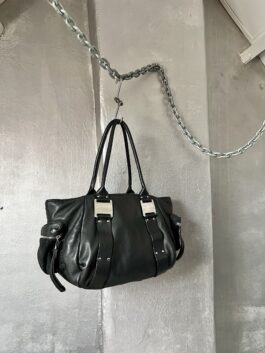 Vintage real leather large shoulderbag with silver hardware black