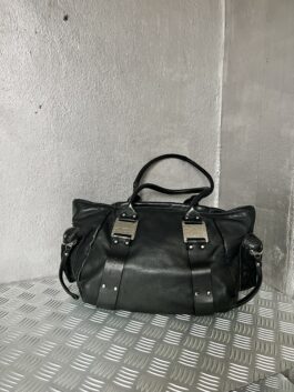 Vintage real leather large shoulderbag with silver hardware black