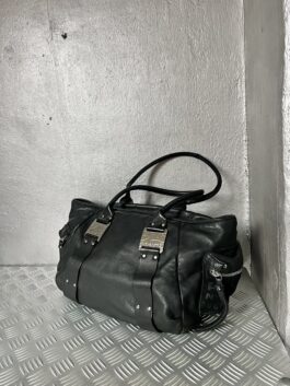 Vintage real leather large shoulderbag with silver hardware black