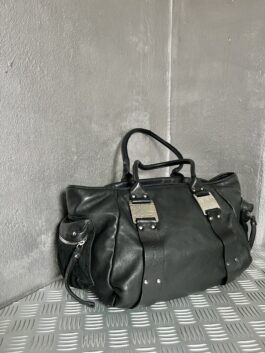 Vintage real leather large shoulderbag with silver hardware black