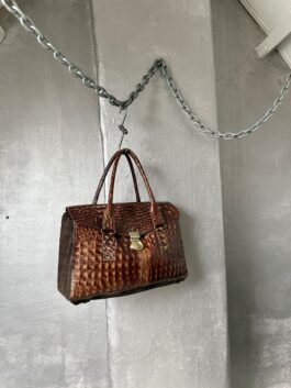 Vintage real leather handbag with crocodile skin brown