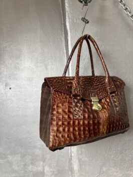 Vintage real leather handbag with crocodile skin brown