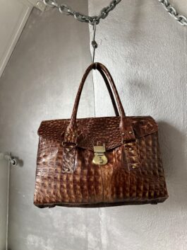 Vintage real leather handbag with crocodile skin brown